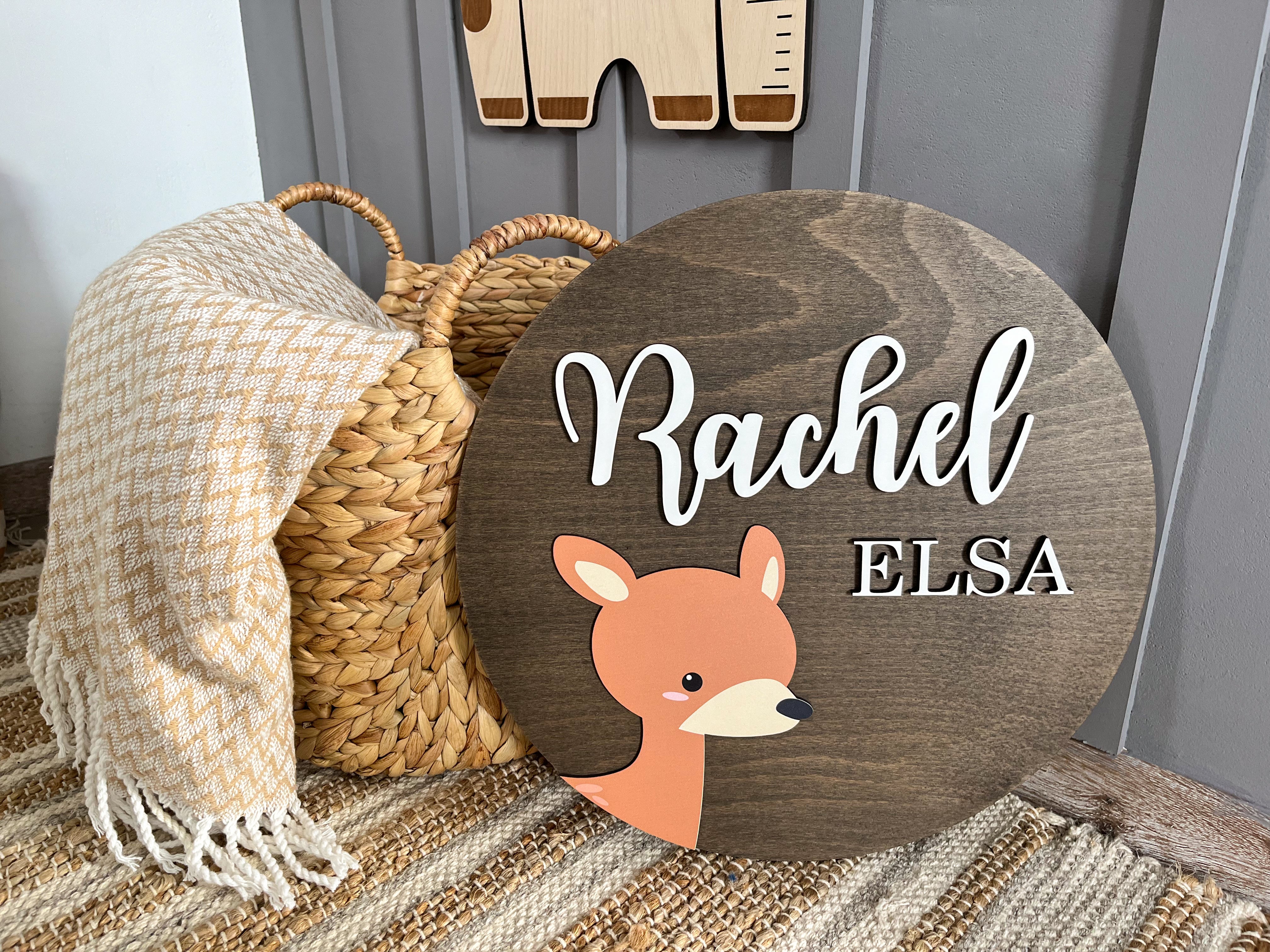 Wooden Round Name Sign with Bambi – Personalized Nursery Wall Decor